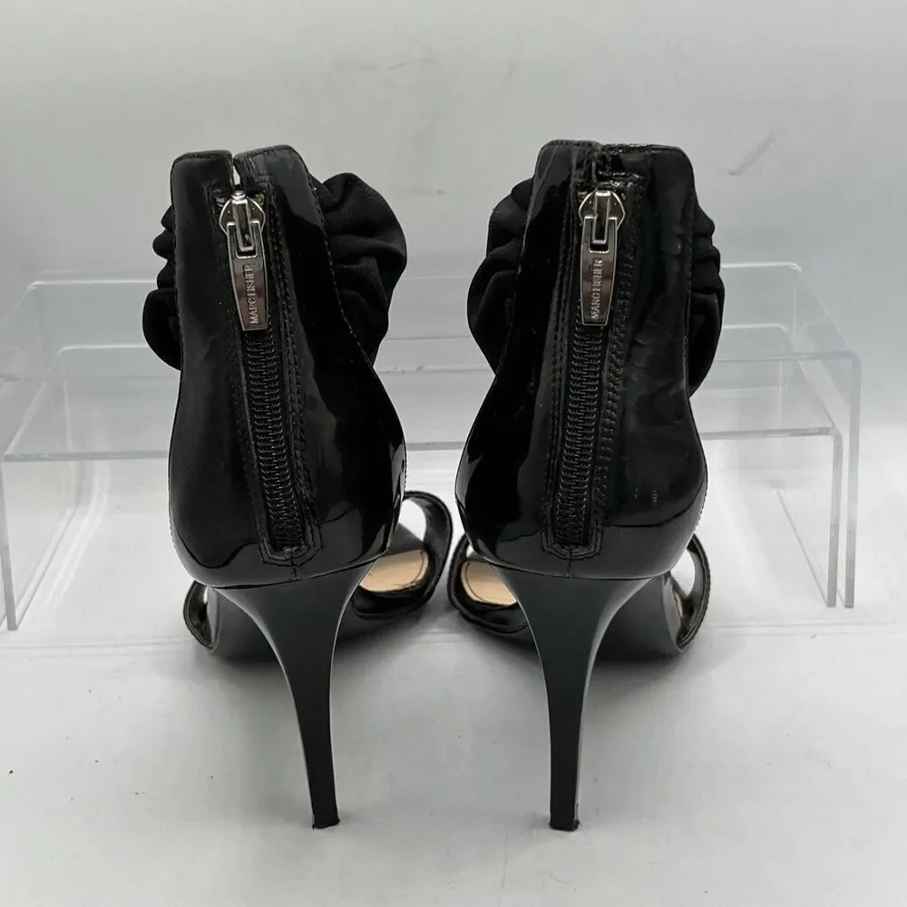 Marc Fisher Black Patent Stiletto Heels Size  8  Zip Back Chic Ankle Wrap
